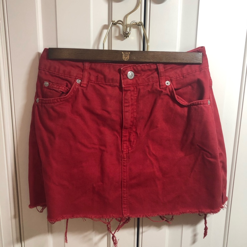 Red Topshop Denim Moto Skirt